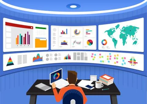 Flat design concept data analysis. Visualize with graph and chart marketing g Illustrazione stock