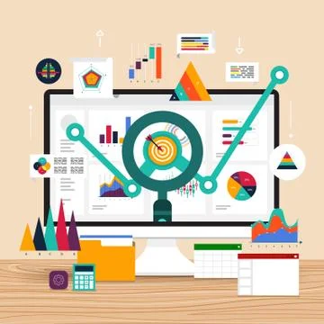 Flat design concept data analysis. Visualize with graph and chart marketing g Illustrazione stock