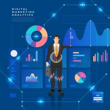 Flat design concept data analysis. Visualize with graph and chart marketing g Illustrazione stock