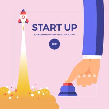 Flat design concept finger push button for startup rocket. Vector illustrate. Stock Illustration