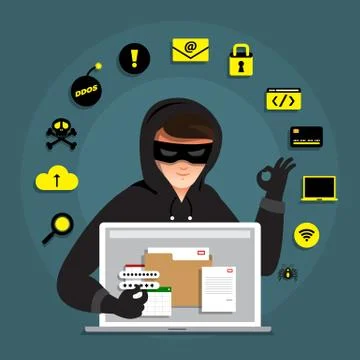 Flat design concept hacker activity cyber thief on internet device. Vector il Stock Illustration