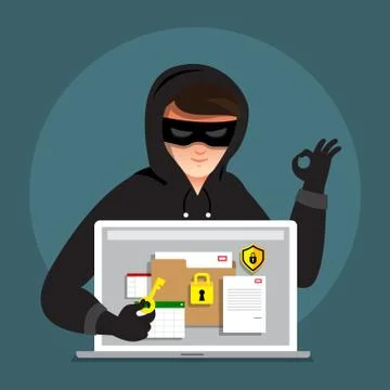 Flat design concept hacker activity cyber thief on internet device. Vector il Stock Illustration