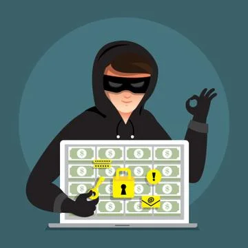 Flat design concept hacker activity cyber thief on internet device. Vector il Stock Illustration