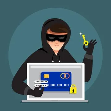 Flat design concept hacker activity cyber thief on internet device. Vector il Stock Illustration