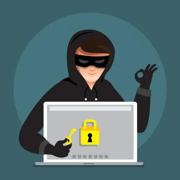 Flat design concept hacker activity cyber thief on internet device. Vector il Stock Illustration