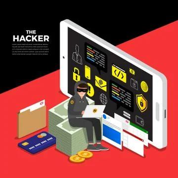Flat design concept hacker activity cyber thief on internet device. Vector il Stock Illustration