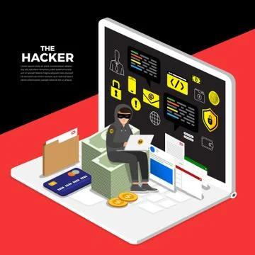 Flat design concept hacker activity cyber thief on internet device. Vector il Stock Illustration