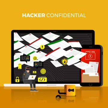 Flat design concept hacker activity cyber thief on internet device. Vector il Stock Illustration
