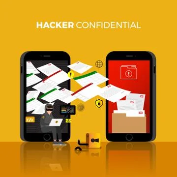 Flat design concept hacker activity cyber thief on internet device. Vector il Stock Illustration