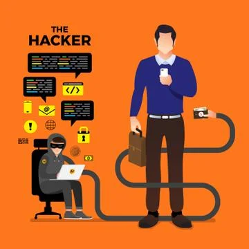 Flat design concept hacker activity cyber thief on internet device. Vector il Stock Illustration