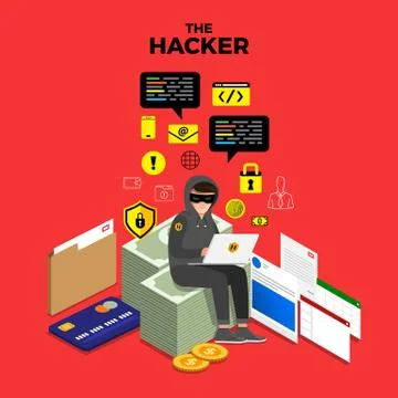 Flat design concept hacker activity cyber thief on internet device. Vector il Stock Illustration
