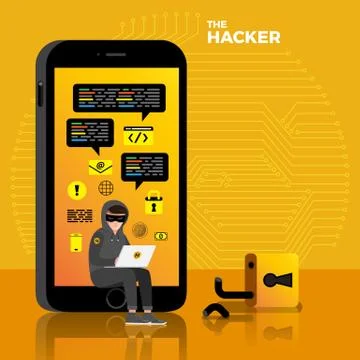 Flat design concept hacker activity cyber thief on internet device. Vector il Stock Illustration