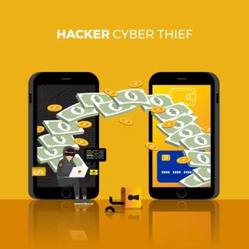 Flat design concept hacker activity cyber thief on internet device. Vector il Stock Illustration