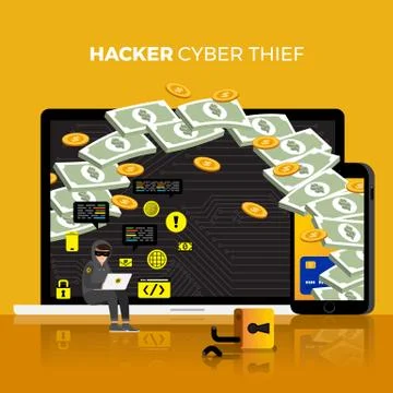 Flat design concept hacker activity cyber thief on internet device. Vector il Stock Illustration