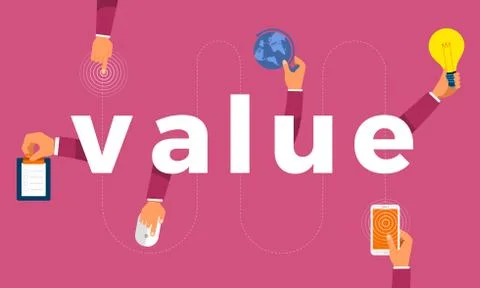 Flat design concept hand create symbol icon and words value. Vector illustrat Stock Illustration