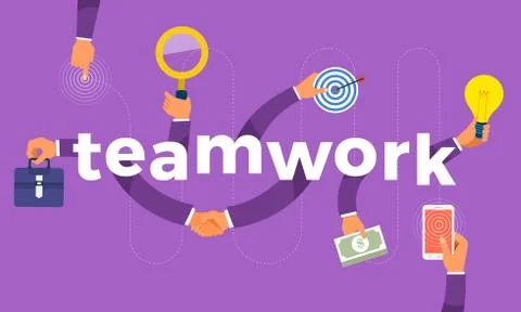 Flat design concept hand create symbol icon and words teamwork. Vector illust Stock Illustration