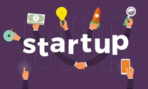 Flat design concept hand create symbol icon and words startup. Vector illustr Stock Illustration