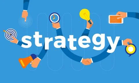 Flat design concept hand create symbol icon and words strategy. Vector illust Stock Illustration