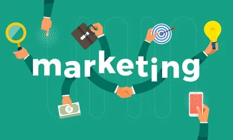 Flat design concept hand create symbol icon and words marketing. Vector illus Stock Illustration