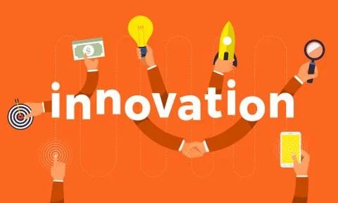 Flat design concept hand create symbol icon and words innovation. Vector illu Stock Illustration