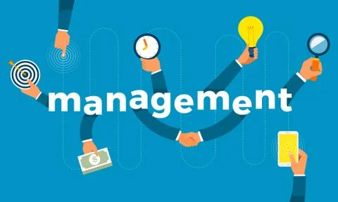 Flat design concept hand create symbol icon and words management. Vector illu Stock Illustration