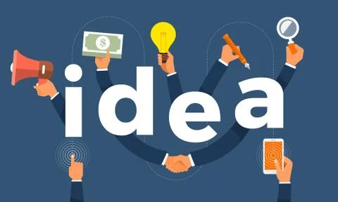 Flat design concept hand create symbol icon and words idea. Vector illustrati Stock Illustration