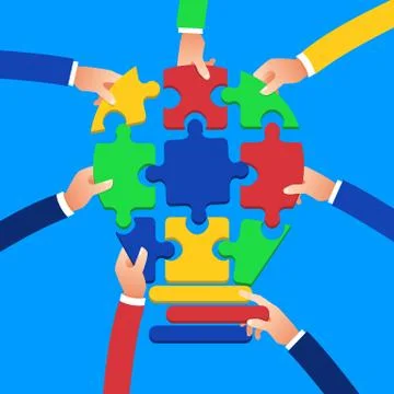 Flat design concept hands teamwork building success business with jigsaw symb Stock Illustration
