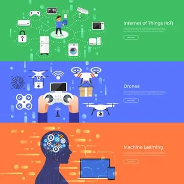Flat design concept internet of thing, drones and machine learning. Vector Il Stock Illustration