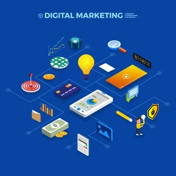 Flat design concept isometric object connecting with digital marketing. Vecto Stock Illustration