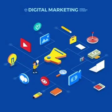 Flat design concept isometric object connecting with digital marketing. Vecto Stock Illustration