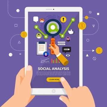 Flat design concept learnning about social analysis online with hand hold tab Stock Illustration