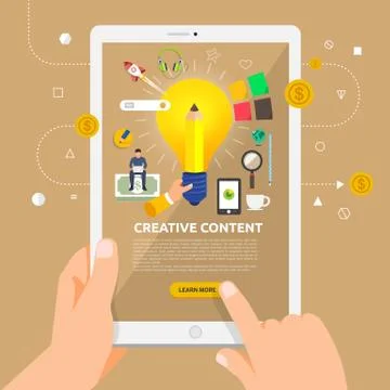 Flat design concept learnning about creative content online with hand hold ta Stock Illustration
