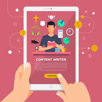 Flat design concept learnning about content writing online with hand hold tab Stock Illustration