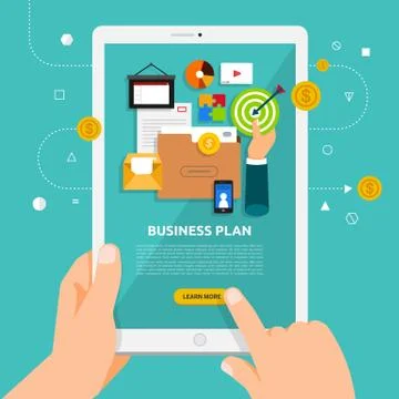 Flat design concept learnning about business online with hand hold tablet. Ve Stock Illustration
