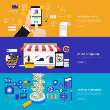 Flat design concept mobile banking, online shopping and internet marketing. V Stock Illustration