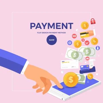 Flat design concept online payment with click on mobile. Vector illustrate. Stock Illustration