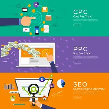 Flat design concept pay per click (ppc), cost per click (cpc) and search engi Stock Illustration