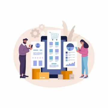 Flat design concept people interactive working analyzing statistics and busin Stock Illustration