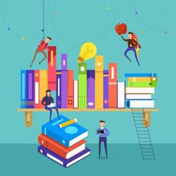 Flat design concept people teamwork develop knowledge on books and shelf. Vec Stock Illustration