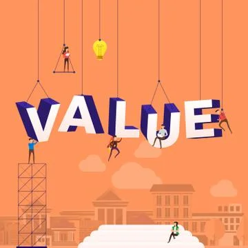 Flat design concept people working for building text VALUE. Vector illustrati Stock Illustration