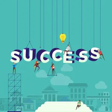 Flat design concept people working for building text SUCCESS. Vector illustra Stock Illustration