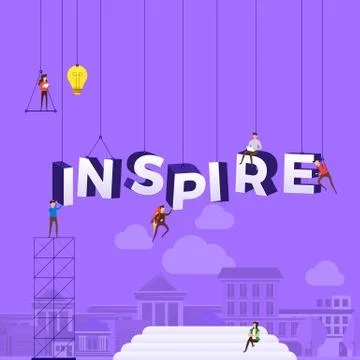 Flat design concept people working for building text INSPIRE. Vector illustra Stock Illustration