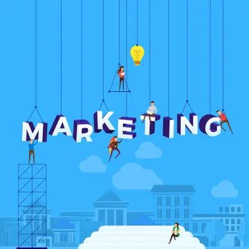 Flat design concept people working for building text MARKETING. Vector illust Stock Illustration