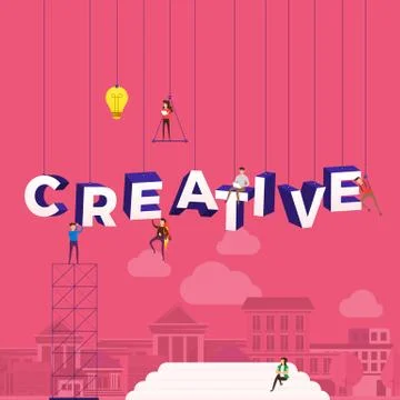 Flat design concept people working for building text CREATIVE. Vector illustr Stock Illustration