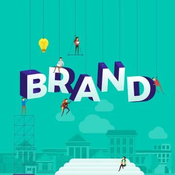 Flat design concept people working for building text BRAND. Vector illustrati Stock Illustration