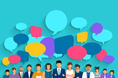 Flat design concept peoples talk with balloon message bubble. Vector illustra Stock Illustration