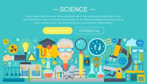 Flat design concept of science. Horizontal banner with scientist workplaces Illustrazione stock