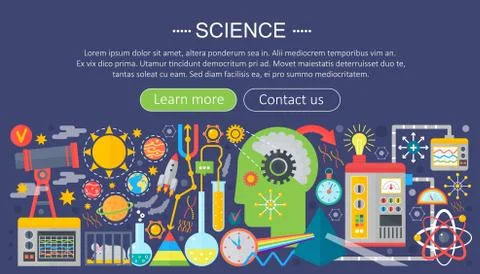Flat design concept of science. Horizontal banner with scientist workplaces Stock Illustration
