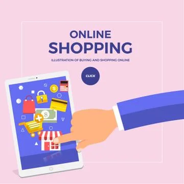 Flat design concept shopping online with finger push mobile. Vector illustrat Stock Illustration