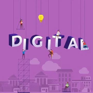 Flat design concept small people working typography word DIGITAL. Vector illu Stock Illustration